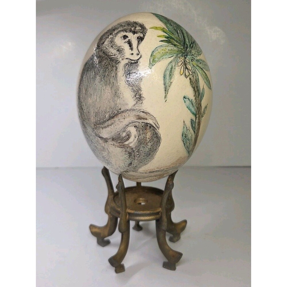 Hand Painted Ostrich Egg With Metal Swan Stand Monkey Palm Beach Regency Signed